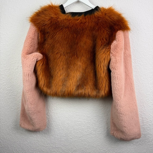 Shaci Blue Belfast Cropped Faux Fur Jacket Vegan Orangish Pink Zip Up Medium - Picture 8 of 13